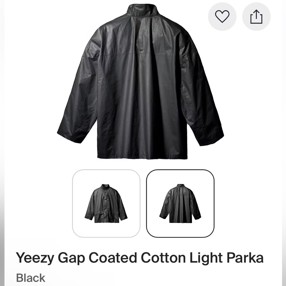 NIB Yeezy Gap Black Coated Cotton Light Parka